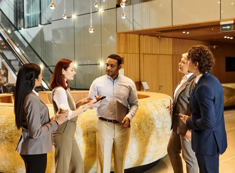 A varied group of business individuals engaging in conversation in a sleek lobby. A varied group of business individuals engaging in conversation in a sleek lobby.